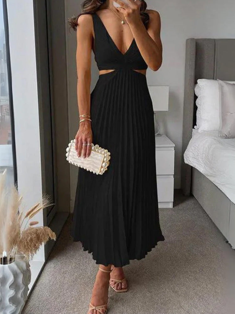 Ins Suspender Pleated Long Dress With Hollow-waisted Design Fashion V-neck Backless Dresses Summer Women's Clothing