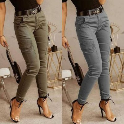 European And American Women's Trousers, Low-waisted Buttons, Solid Color Pockets