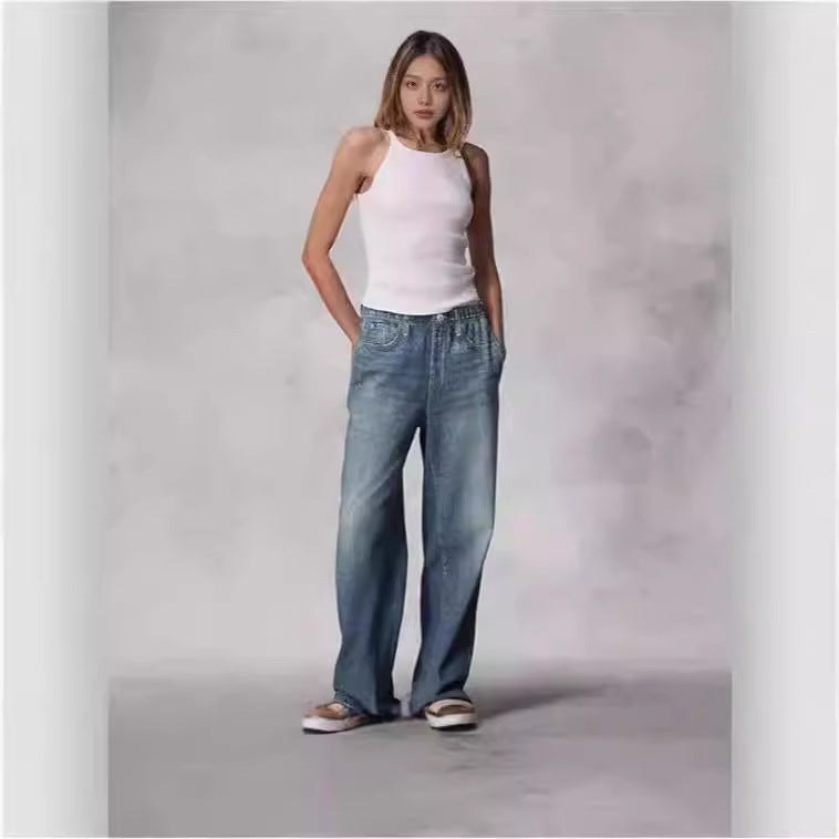 Retro Mid-waist Women's Jeans Loose Wide-leg Plus Size Straight-leg Pants