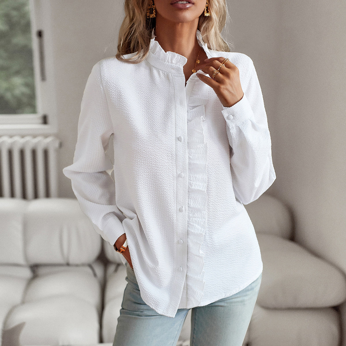 Striped Long Sleeve Shirt Fashion Ruffle Design Button Up Tops Casual Office Blouse Elegant Commuting Women's Clothing