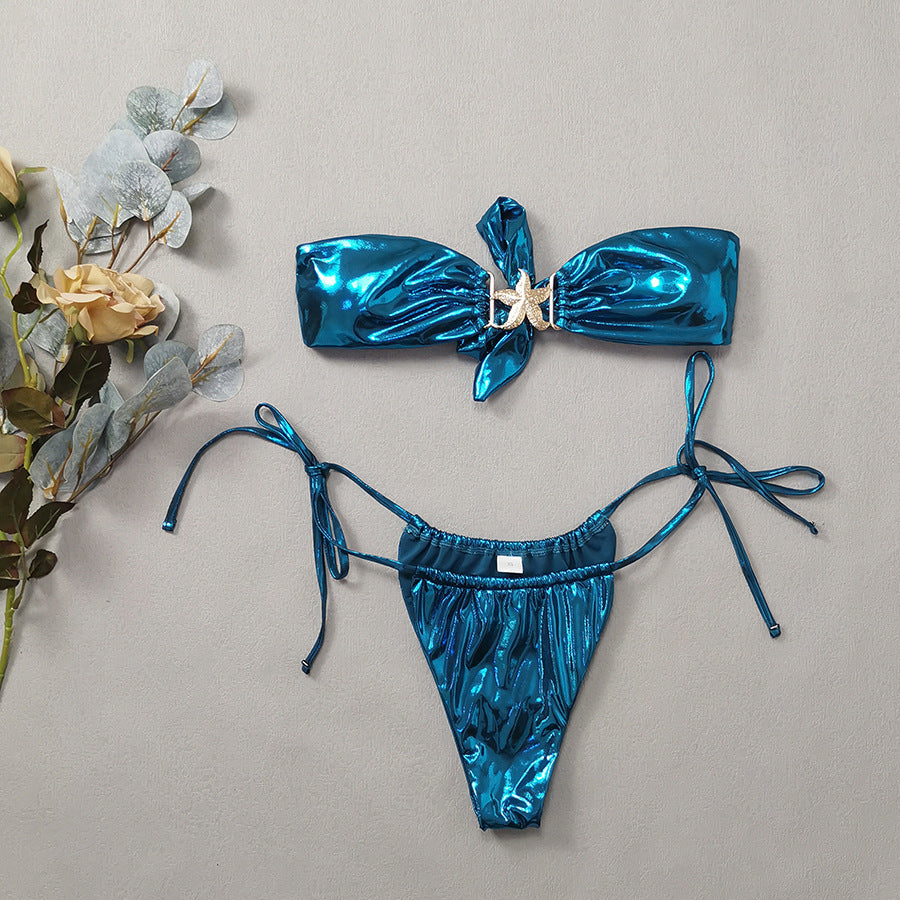 Tube Top Split Bikini Blue Glossy Gold Starfish Female