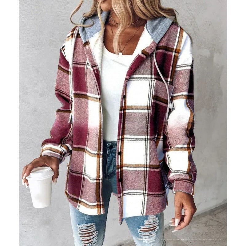 European And American Fashion Women's Wear Solid Color Plaid Hooded Jacket