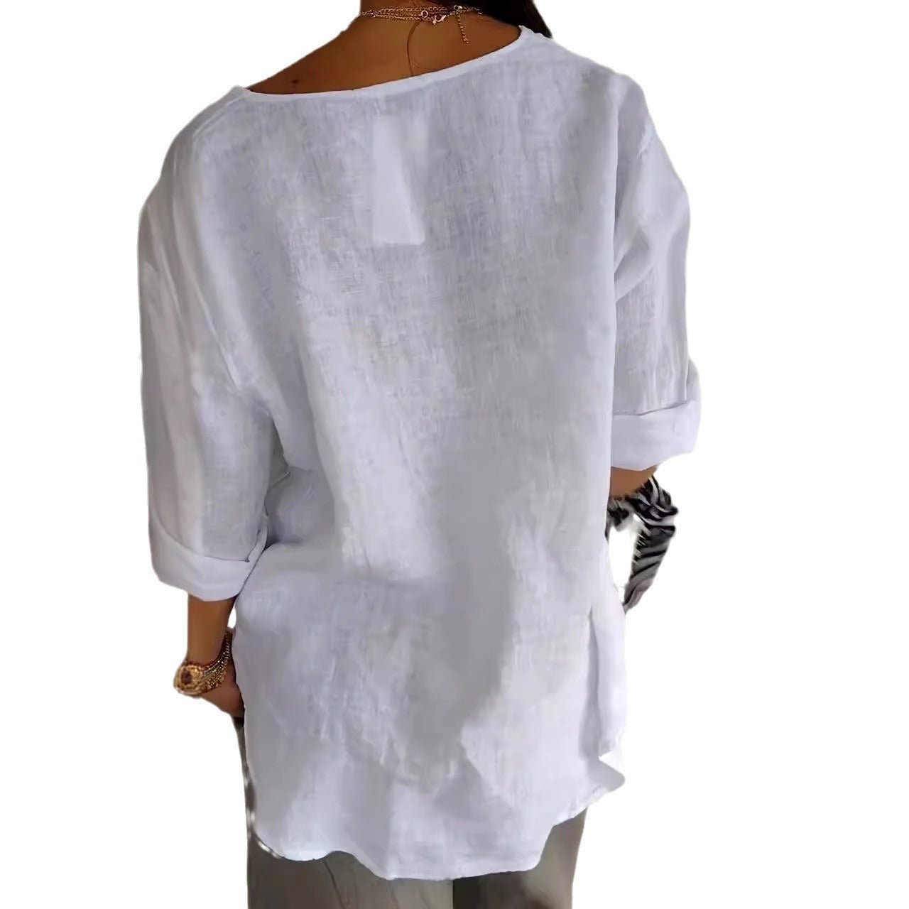 European And American Loose T-shirt Women's V-neck Cotton And Linen Button Top