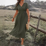 Solid Color And V-neck Bell Sleeve Elastic And Waisted Slimming Slit Long Dress